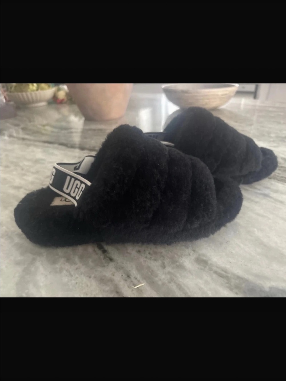 UGG Black Fluff Slide with Branded Heel Strap